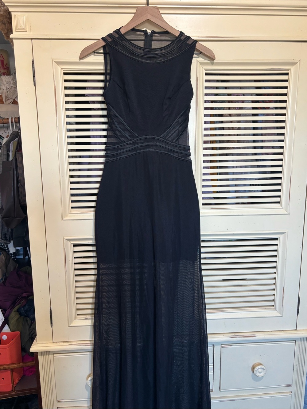Tadashi Shoji Black Mesh-Panel Maxi Gown